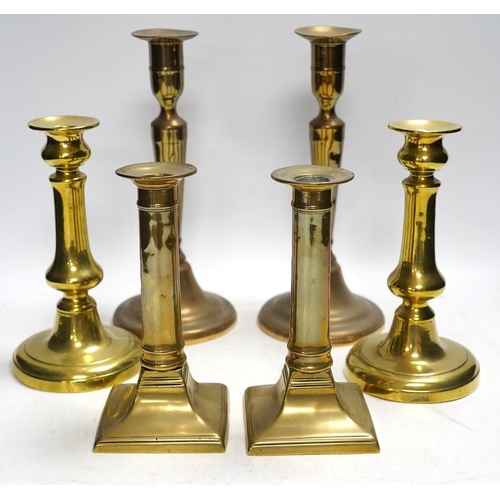 315 - Three pairs of brass candlesticks, tallest 24cm. Condition - fair to good