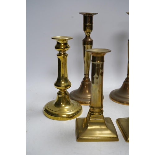 315 - Three pairs of brass candlesticks, tallest 24cm. Condition - fair to good