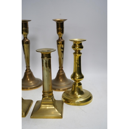 315 - Three pairs of brass candlesticks, tallest 24cm. Condition - fair to good