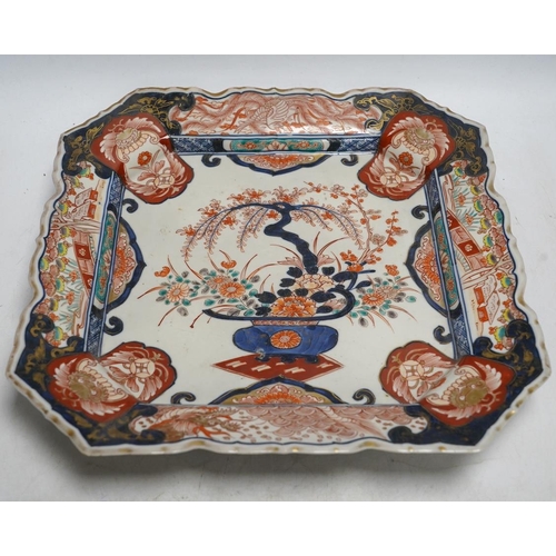 318 - A Japanese Imari square shaped dish, 32 x 32cm. Condition - fair to good