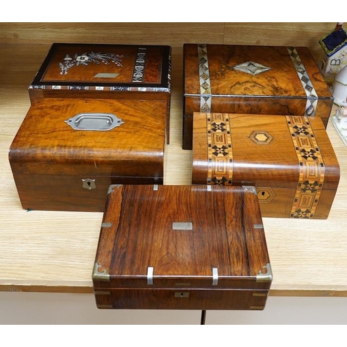 319 - A rosewood military box, a mother-of-pearl inlaid box, another similar box, an inlaid box and plaine... 