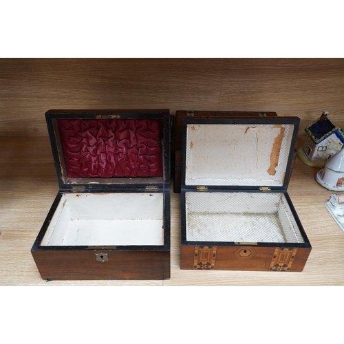 319 - A rosewood military box, a mother-of-pearl inlaid box, another similar box, an inlaid box and plaine... 