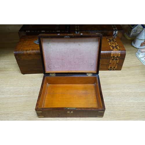 319 - A rosewood military box, a mother-of-pearl inlaid box, another similar box, an inlaid box and plaine... 