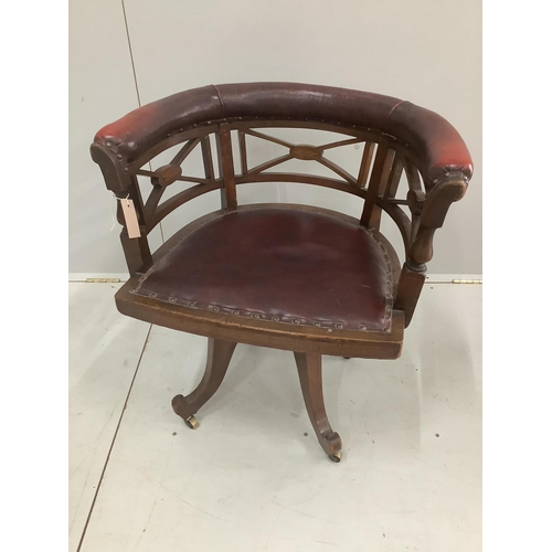 32 - An Edwardian inlaid mahogany leather swivel desk chair, width 65cm, depth 48cm, height 68cm. Conditi... 