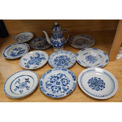 323 - Ten various blue and white dishes including Chinese and Delft and a Staffordshire blue and white cof... 