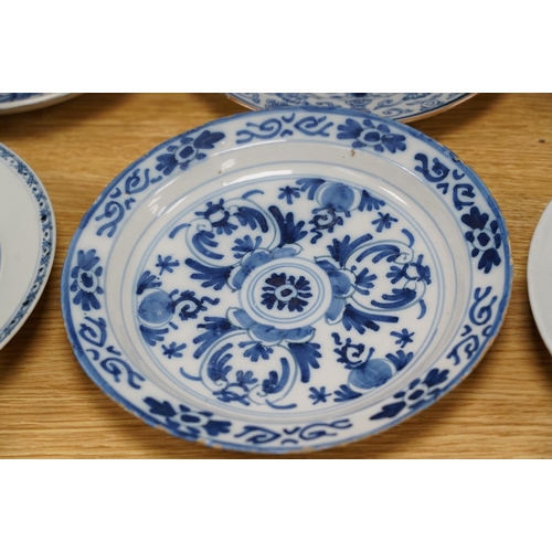 323 - Ten various blue and white dishes including Chinese and Delft and a Staffordshire blue and white cof... 