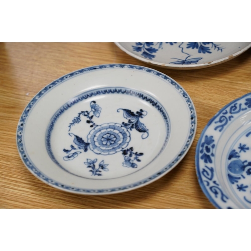 323 - Ten various blue and white dishes including Chinese and Delft and a Staffordshire blue and white cof... 