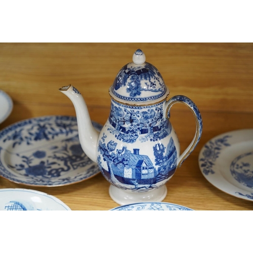 323 - Ten various blue and white dishes including Chinese and Delft and a Staffordshire blue and white cof... 