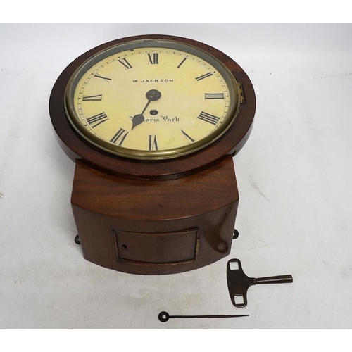 324 - A Victorian mahogany drop dial eight day wall clock, signed Jackson, Victoria Park. 30cm, with key. ... 