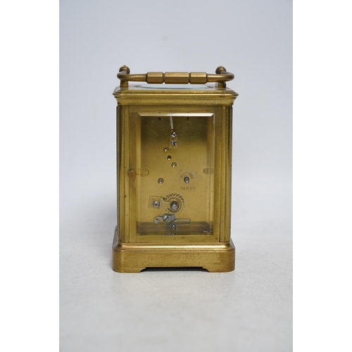 325 - A late 19th century French brass case carriage timepiece, 14cm. Condition - fair, not tested as work... 