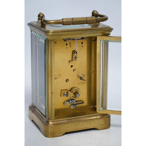 325 - A late 19th century French brass case carriage timepiece, 14cm. Condition - fair, not tested as work... 