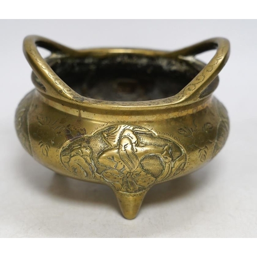 333 - A Chinese bronze tripod censer, Xuande mark, 19th century, 13cm wide. Condition - plug repair to bod... 