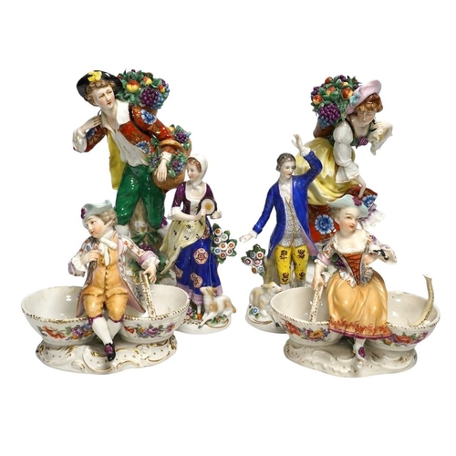 335 - Four Samson porcelain figures and a pair of Dresden children salts, tallest 23cm. Condition - salt... 