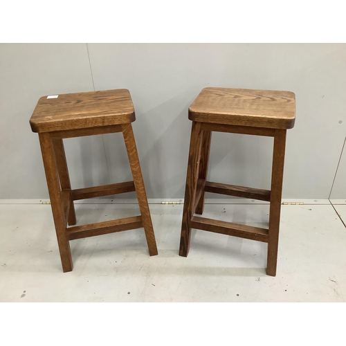 34 - A pair of mid century oak stools, width 35cm, depth 28cm, height 69cm. Condition - fair