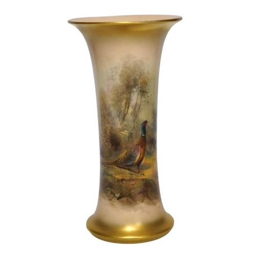 345 - James Stinton for Royal Worcester, a porcelain vase with hand painted scene depicting pheasant in wo... 