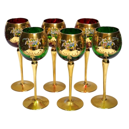 352 - A set of six Venetian gilt and enamelled wine glasses, 21cm. Condition - good