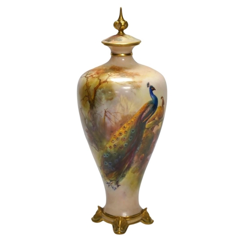 358 - A Worcester vase and cover, painted with peacocks by J W Sedgley, model number 106, 25cm. Condition ... 