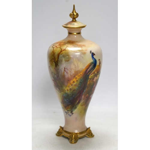 358 - A Worcester vase and cover, painted with peacocks by J W Sedgley, model number 106, 25cm. Condition ... 