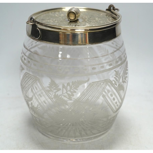 359 - An electroplate mounted glass biscuit barrel, 16cm. Condition - fair to good