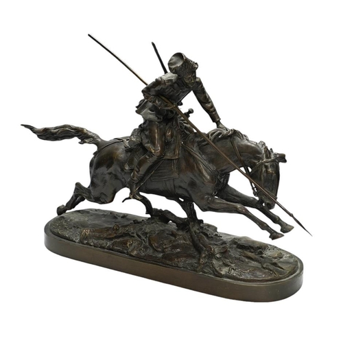 371 - After Eugene Lanceray (Russian, 1848-1886), bronze study of a Cossack charging, signed in cyrillic, ... 