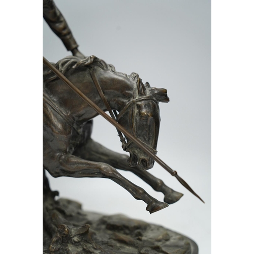 371 - After Eugene Lanceray (Russian, 1848-1886), bronze study of a Cossack charging, signed in cyrillic, ... 