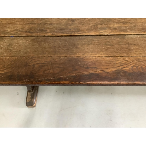 41 - An 18th century and later rectangular oak tavern table, width 205cm, depth 69cm, height 76cm. Condit... 