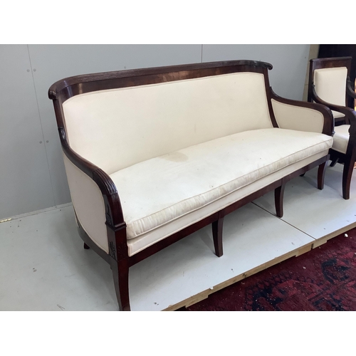 47 - A French Empire upholstered mahogany settee, width 176cm, depth 60cm, height 92cm and a similar faut... 