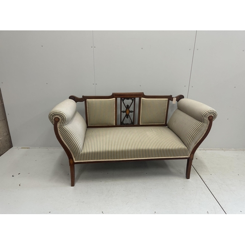 49 - An Edwardian inlaid mahogany settee, width 150cm, depth 60cm, height 84cm. Condition - fair