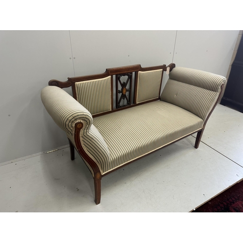 49 - An Edwardian inlaid mahogany settee, width 150cm, depth 60cm, height 84cm. Condition - fair