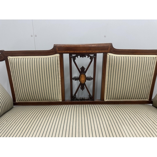 49 - An Edwardian inlaid mahogany settee, width 150cm, depth 60cm, height 84cm. Condition - fair