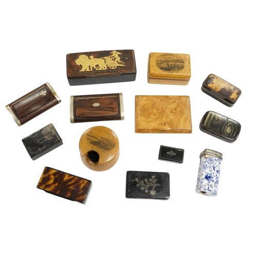 496 - Ten 19th century and later snuff boxes, one mounted with gilt metal chariot scene, and two Mauchline... 