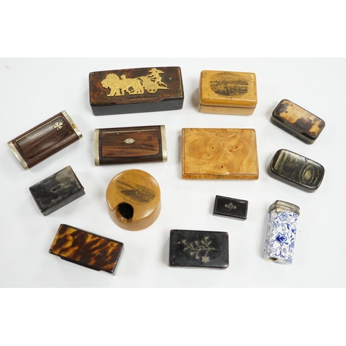 496 - Ten 19th century and later snuff boxes, one mounted with gilt metal chariot scene, and two Mauchline... 