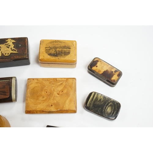 496 - Ten 19th century and later snuff boxes, one mounted with gilt metal chariot scene, and two Mauchline... 