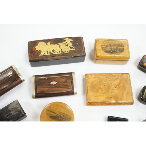 496 - Ten 19th century and later snuff boxes, one mounted with gilt metal chariot scene, and two Mauchline... 