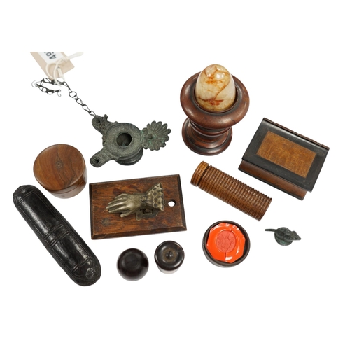 497 - A Blue John type egg, in a carved wood stand, an early 19th century bronze oil lamp, spectacles in c... 