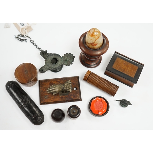 497 - A Blue John type egg, in a carved wood stand, an early 19th century bronze oil lamp, spectacles in c... 