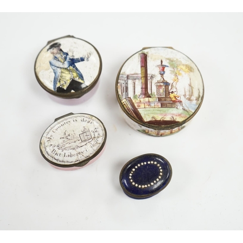 498 - Four 18th century South Staffordshire enamel patch boxes, largest 5.5cm at base. Condition - poor, a... 