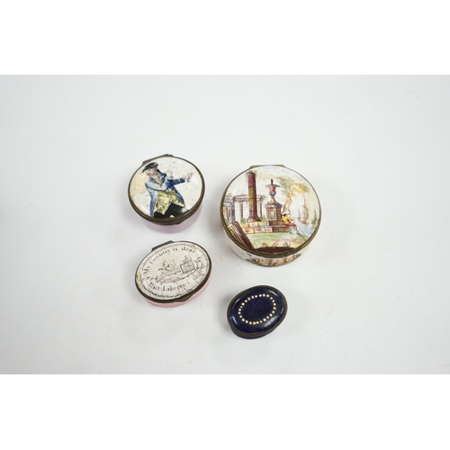 498 - Four 18th century South Staffordshire enamel patch boxes, largest 5.5cm at base. Condition - poor, a... 