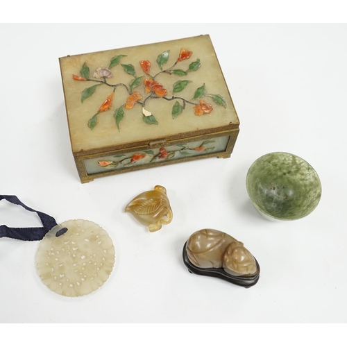 508 - A group of Chinese jade and hardstone carvings to include a cigarette box & cover and a 14K mounted ... 