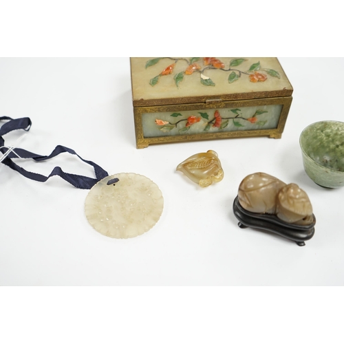 508 - A group of Chinese jade and hardstone carvings to include a cigarette box & cover and a 14K mounted ... 