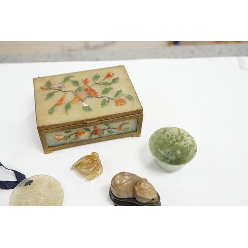 508 - A group of Chinese jade and hardstone carvings to include a cigarette box & cover and a 14K mounted ... 