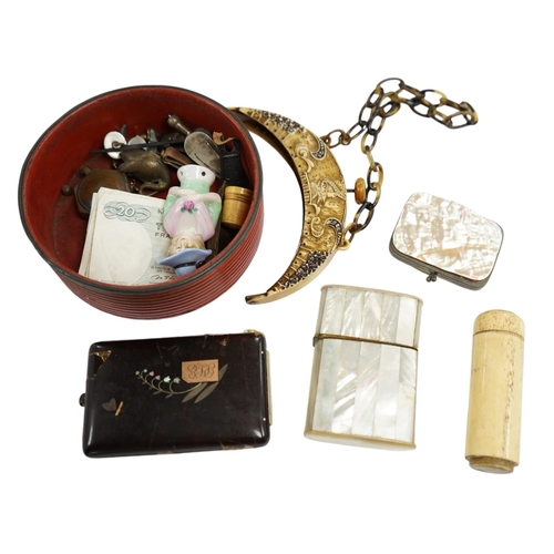 509 - A carved wood novelty money bank, two walnut tea canisters, a giltwood plinth, a 1930s handbag fram... 