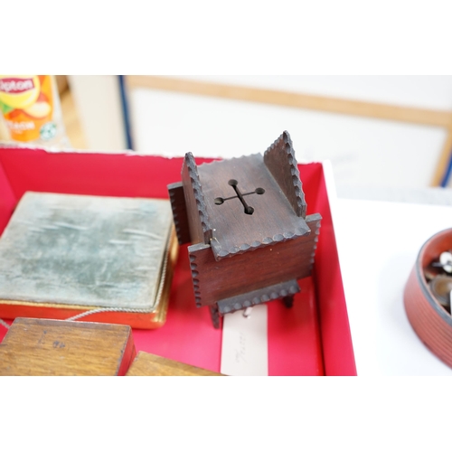 509 - A carved wood novelty money bank, two walnut tea canisters, a giltwood plinth, a 1930s handbag fram... 