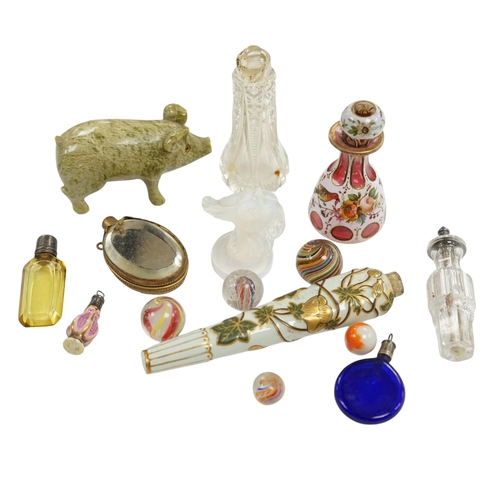 510 - Miscellaneous Victorian scent bottles, a novelty miniature glass chamberpot, a Sabino-type opalescen... 