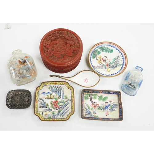 511 - A group of Chinese Canton enamel trays, a Chinese lacquer box and cover, snuff bottles, two filigree... 