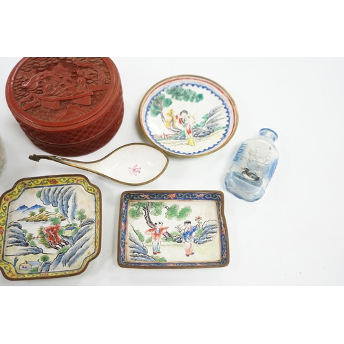 511 - A group of Chinese Canton enamel trays, a Chinese lacquer box and cover, snuff bottles, two filigree... 