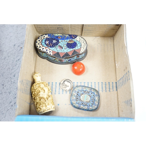 511 - A group of Chinese Canton enamel trays, a Chinese lacquer box and cover, snuff bottles, two filigree... 