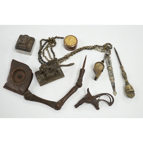 514 - Curios including a miniature percussion pistol, an Art Nouveau pill box and a silver mounted inkwell... 