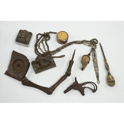 514 - Curios including a miniature percussion pistol, an Art Nouveau pill box and a silver mounted inkwell... 