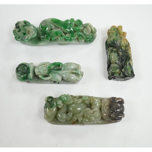 519 - Four Chinese green bowenite jade carvings and belt hooks, largest 9.5cm in length. Condition - good... 